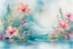 Beautiful ethereal underwater scene with swirling water, alcohol ink effect, floral and ferns in foreground