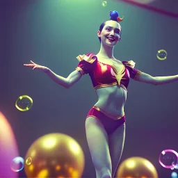 Ultra realistic circus scene. Classic acrobat woman, waist up view, Wes Anderson style, happy, bubbles, highly detailed, concept art, unreal engine 5, god rays, ray tracing, RTX, lumen lighting, ultra detail, volumetric lighting, 3d, finely drawn, high definition, high resolution.