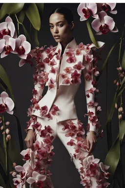 Surrounded by blooming orchids, a model in an Alexander McQueen ensemble strikes a dynamic stance. Captured in a close-up for Elle by Nadav Kander.