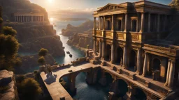 a roman city divided by a river next to the ocean. seen from a hill. perfect symmetry. marble and gold. fantasy. exquisite realism, a masterpiece, dark fantasy concept art, dynamic lighting, hyperdetailed, intricately detailed, deep color, Unreal Engine, volumetric lighting