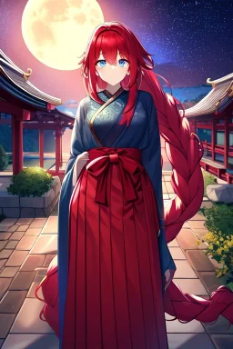 girl, masterpiece, best quality, cinematic lighting, detailed outfit, vibrant colors, perfect eyes, red hair, very long hair, braided ponytail, blue eyes, hakama, shrine, moon, starry sky, plants, stone walkway,