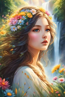 illustration art style. The lively and beautiful girl, known as the spring girl, with eyes like flowers and hair like golden wheat, adorned with the rainbow of flowers and grass, plays alongside waterfalls, and fills the world with her own light and dreams, reminding us that hope is always found with the same eternal glory, a symbol of beauty and renewal.