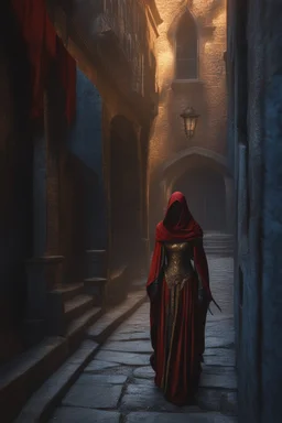 The ancient banshee Shadow of Death stalking the streets of a medieval city. Horror setting. fantasy art, blue and red, gold, silver, copper, marble Cinematic lighting, Volumetric lighting, Epic composition, Photorealism, Very high detail, Character design, Unreal Engine, Octane render, HDR, Subsurface scattering