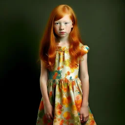 pretty girl, age 10, ginger hair, colourful, gentle, dress, full-body