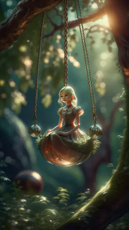 portrait of elf princess on a swing inside a crystal ball hanging from a tree in the mountain , shot on Hasselblad h6d-400c, zeiss prime lens, bokeh like f/0.8, tilt-shift lens 8k, high detail, smooth render, down-light, unreal engine, prize winning