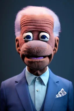 Waist up muppet Portrait, joe Biden as muppet doll, Blue suit retro style, photo studio, blue background, unreal engine 5, concept art, art station, god lights, ray tracing, RTX, lumen lighting, ultra detail, volumetric lighting, 3d.