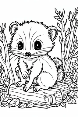 cute coloring page, sketch style, cute baby ferret in the wood, cute cartoon, white and black, withe background, no shadows, outline.