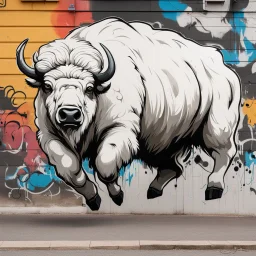 Arte grafiti de un bisonte blanco corriendo, de ojos negros, hocico negro y pesuñas negras. Arte Déco Calidad ultra