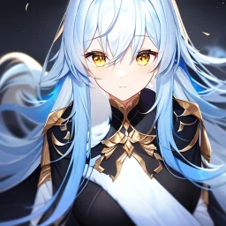 Clear focus, High resolution, Long light blue fluffy hair, hair between eyes, yellow eyes, wearing black fabric shorts, detailed outfit, blue and black outfit, gold accessory