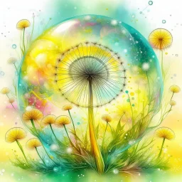 Create a watercolor and chalks painting, whimsical painterly fantasy art, a single large dandelion plant including appropriate leaves at the base of the stem, the head of the dandelion surrounded by a transparent bubble, the dandelion has gone to seed, paint splatter overlay, intuitive pastel colors, soft yellow meadow sprinkled with dandelions and small transparent bubbles in background, add reflections to the bubbles, watercolor and chalk style.