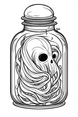 spooky ghost stuck in the jar idea, line art, background, vector, svg, black outline on white background, leave plenty of white space beetween lines for coloring, tattoo style, tattoo idea,full body, minimalist