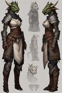 a female dragonborn OC reference sheet, lightly armored