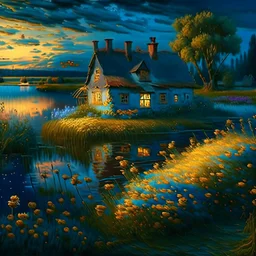 cottage , in the fields, Lake, airbrush, flowers by Van Gogh Modifiers: extremely detailed fantasy 8k oil on canvas very attractive dynamic lighting Unreal Engine cinematic postprocessing Van Gogh Thomas Kinkade glowing Craig Rutkowski