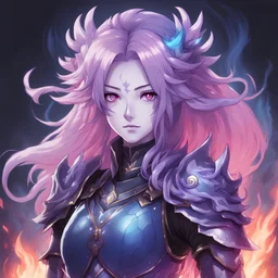 Ghost Fire lady with ebony and purple armor pink blades and blue-fire mane in josei anime art style