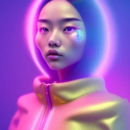 asian woman teenager, few freckles, gold teeth, padded coat, bubbles floating, retro futuristic, latex dress, gradient color, BLUE, PINK, CYAN, neon, insanely detailed, 16k resolution, perfect eyes, cinematic smooth, intricate detail