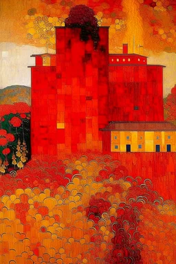 A red volcanic castle in a fiery realm painted by Gustav Klimt
