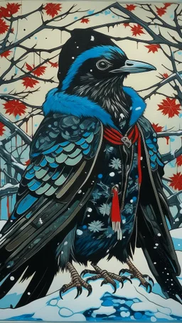 A contemporary serigraphy portrait by Kuniyoshi and Kunisada of a crow adorned in a punk leather jacket within a snowy Christmas atmosphere.