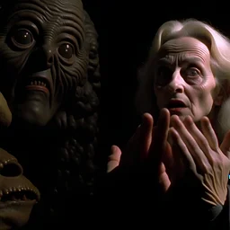 Spooky, ultra realistic distress, giant ear, silver organic palen ail dynamic woman, anguish, excited and lively scene, sk77, hypermaximalist figures, stb, Creepy the Ring Alfred Hitchcock, Sam Raimi, insanely detailed, sinister, Dario Argento, ornate