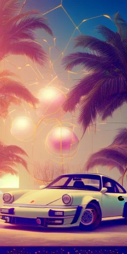 1980's aesthetic vaporwave palm trees and spheres and glowing Porsche