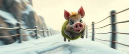 fast and clever cute little evil moss pig named on wild chase through air, on icy bridge, motion blur, standing by the guard rails, fantasy 3d realm