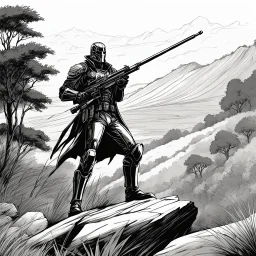 A Terminator as a sniper on a hill in the bush, his long rifle on a rock, ready to fire. Record of Lodoss War style, Linework: Expressive, expressive black ink line art with variable stroke weights. Crisp contours define silhouettes while fine hatching adds subtle depth and form.