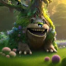 pixar style, volumetric summer garden environment and background, realistic painting of an ancient ent smiling, looking excited, detailed digital painting, extreme dense and fine fur, anime, ornate, colour-washed colors, elegant, small minutiae, tiny features, particulars, centered, smooth, sharp focus, renderman gofur render, 8k, uhd, detailed eyes, realistic shaded volumetric lighting, sunlight caustics, backlight, centered camera view