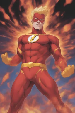 close-up, Head and shoulders portrait of Johnny Bravo as the Flash wearing red, bandit eye mask, a bright red spandex flash suit with gold boots, and gold wrist gauntlets, standing up straight, with his arms at his sides, looking directly into the camera, extremely colorful, multicolored lightning, outer space, planets, stars, galaxies, fire, explosions, smoke, volcanic lava, craggy mountain peaks in the background, 32k UHD, 1080p, 1200ppi, 2000dpi, digital photograph