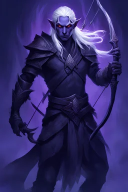 In the depths of the Underdark, a Drow elf archer with flowing white hair is illuminated by the eerie glow of cursed markings on his attire. He wields a beautifully crafted longbow on his back and conjures a sinister, violet-hued flame in the shape of a skull from his extended fingertip.