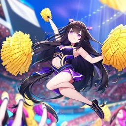 Clear focus,8k,Beatiful Lighting,Beatiful Blur,Beatiful Face,Beatiful Shading,Black long hair,silky hair, long silky bangs, Purple eyes, wearing a cheerleading outfit, Jumping, happy