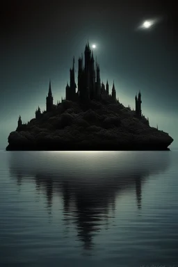 dark castle floating far out over sea of mercury, pennington