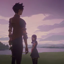 In the anime, a young male character with a young female character is near the green lake in the sunset afternoon.