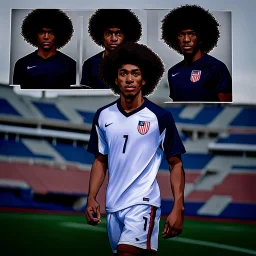 85mm DSLR color photography of a very detailed headshot fitting all of head and hair in frame. 20-year-old USA soccer player, with black hair color and with small facial hair and has a brown skin tone and has a small afro with a small smile, grey background