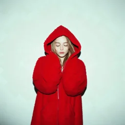 Lily rosedepp,avec un long pull a capuche en angora rouge jusquaux, polaroid, elle a les yeux fermés
