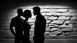 An attractive athletic man silhouette standing very close to a woman silhouette against a modern wall. He leans toward her confidently, one arm resting against the wall beside her. Woman looks up at him, her face mostly hidden. romantic tension,. His face is partly in shadow,, fit build, black fitted shirt. Dark indistinct background, black, charcoal, and deep tones, cinematic