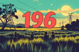 bumper sticker design, westall ufo large flat in bold heading text ufo 1966, lots of school children looking up in a field with high voltage powerline and gumtree's, mysterious cool, bold