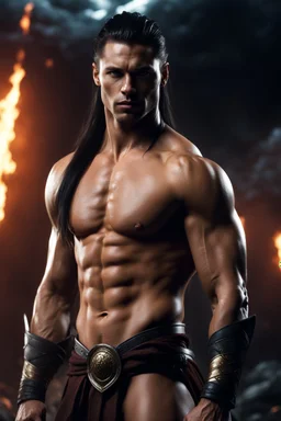 Shirtless Handsome alpha warrior with long dark hair pulled back in a pony tail. photorealistic. 4k. Dark Fantasy