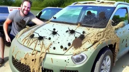 guy with filthy car with dead bugs splattered on it