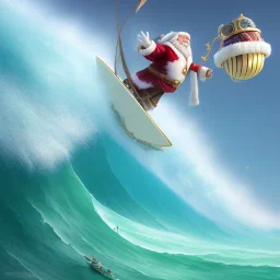 Santa surfing a big wave, surfboard, beach, character design by cory loftis, fenghua zhong, ryohei hase, ismail inceoglu and ruan jia. unreal engine 5, artistic lighting, highly detailed, photorealistic, fantasy