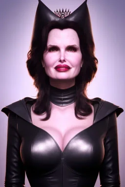 Geena Davis as evil queen in black leather, leather, busty, cleavage, angry, rage, stern look. character design by cory loftis, fenghua zhong, ryohei hase, ismail inceoglu and ruan jia. unreal engine 5, artistic lighting, highly detailed, photorealistic, fantasy