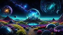 weird and unique Alien garden under the stars on alien planet, stunning metallic ball, high detailed ,deep colors, fantastical, intricate detail, splash screen, complementary colors, fantasy sci-fi, cinematic lighting, atmospheric, dark sky with stars, masterpiece, epic, stunning