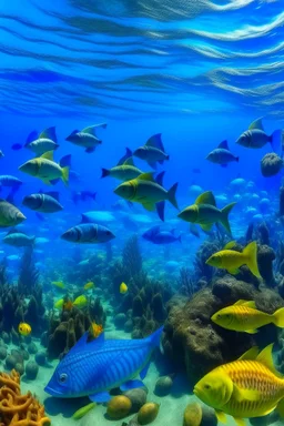 A blue sea filled with fish and underwater Hawaiian tikis