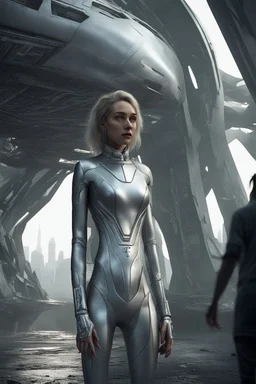 a photorealistic sleek, long, silver spaceship sitting in the street of a dystopian futuristic ruined alien city, with a woman in a silver suit, standing in front