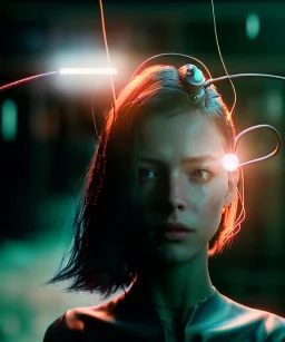 Ultra realistic photographic night portrait, cinematic, naked, long hair <sexy woman> <hanging wires> many wires coming out of the head <perfect pupil> <cyborg> <garage> <wide angle Shot> <sci-fi futuristic> <thriller>, fog, soft color, highly detailed, unreal engine 5, ray tracing, RTX, lumen lighting, ultra detail, volumetric lighting, high definition.