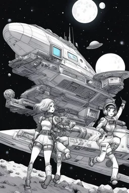 [art by Marcel Gottlieb, (aka Gotlib)] studygirl and fussel in space! fussel "SPACE, so wide ma eyes reachn´. are there any videogames on this ship?" mind the zombiedude, he´s taken from a chinese/hongkong comicbook called "robot caught the vampire at night", but the original is doper! can you find UATU?