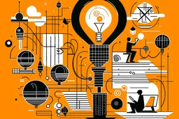innovation - solarpunk theme illustration - orange elements, black, non productive employee, hour glass, downward trending chart, time, busy