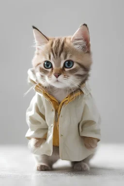 baby cat in raincoat. Chibi, Photograph, Canon DSLR, Tilt - shift, white background, high definition, Complete and coordinated composition, 8k
