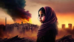 close young palestinian girl with a kuffeah. Large clouds of smoke rise from the land of gaza . With demolished buildings in the background. with sunset colors Made in the palestinian style