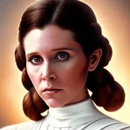 stunning half-body-portrait photo of princess leia from Star Wars played by Carrie Fisher, wlop, artgerm, akihiko yoshida, and liang xing, detailed face, doe eyes, intricate hair style, symmetrical eyes, trending on artstation, highly detailed, white dress, dynamic pose, intricate outfit, space ship and galaxy background