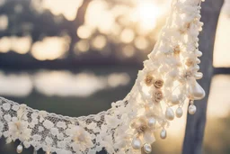 double exposure, garter flowers strung on wire with pearls and gems, heart and love, double exposure, merged layers, silver and gold tin foil, waterfall, in sunshine on a lace blanket