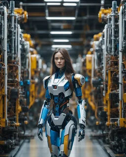 potrait cinematography colors a beautiful woman long hair humanoid robot mechanical walking in between two rows of complex machinery with vibrant colors